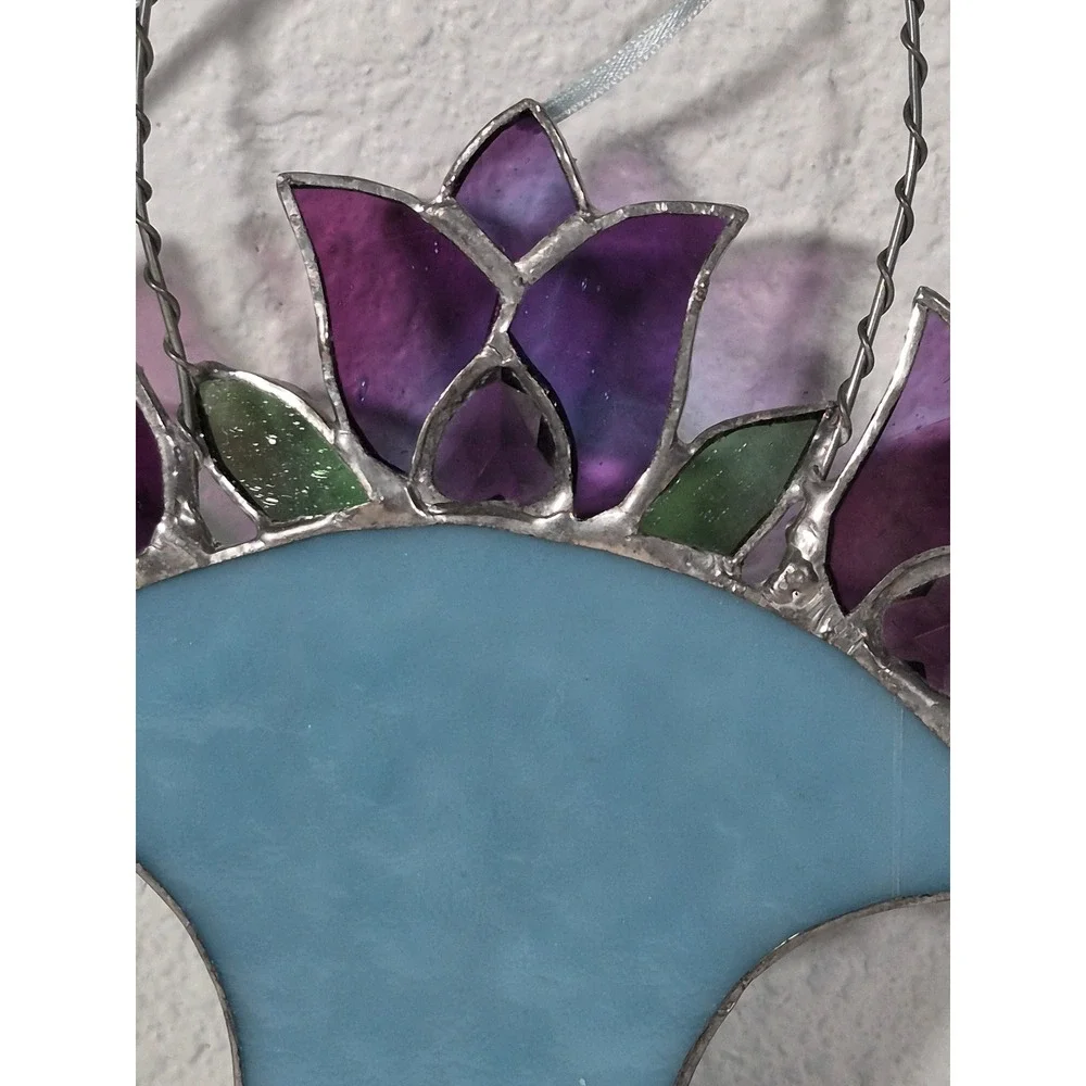 Vintage Stained Glass Tulip Flower Basket Suncatcher Purple Blue Wall Hanging